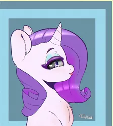 Size: 750x838 | Tagged: safe, artist:inkypuso, derpibooru import, rarity, pony, unicorn, blue background, bust, eyeshadow, female, horn, image, jpeg, lidded eyes, looking at you, makeup, mare, portrait, profile, signature, simple background, solo