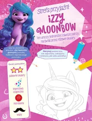 Size: 595x788 | Tagged: safe, derpibooru import, izzy moonbow, pony, unicorn, abstract background, activity sheet, colored pencils, facial hair, female, g5, glasses, hat, horn, image, jpeg, lineart, magazine, mare, moustache, open mouth, open smile, party hat, polish, smiling, solo, sparkles, star glasses, sunglasses