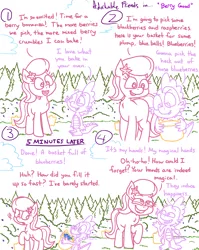 Size: 4779x6013 | Tagged: safe, artist:adorkabletwilightandfriends, derpibooru import, lily, lily valley, spike, comic:adorkable twilight and friends, adorkable, adorkable friends, basket, berry, blackberry, blueberry, bucket, bush, comic, cute, dork, flirting, food, forest, hand, humor, image, innuendo, nature, png, scenery, slice of life, tree