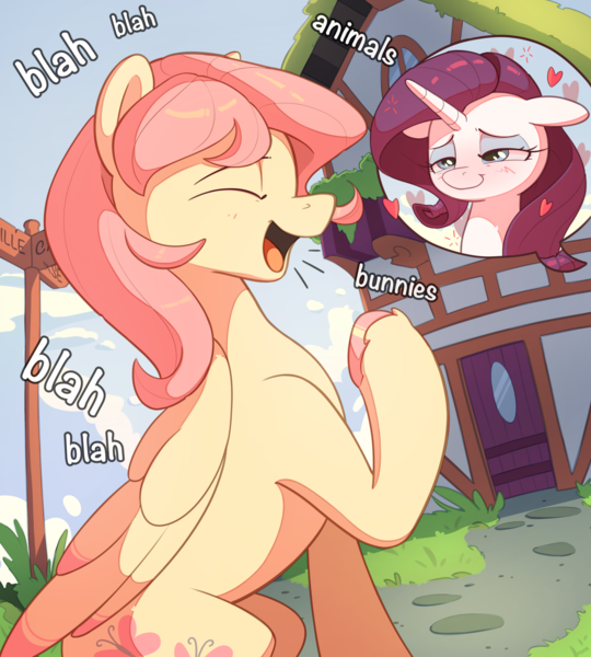 Size: 2500x2778 | Tagged: safe, artist:nookprint, derpibooru import, fluttershy, rarity, pegasus, pony, unicorn, blah blah blah, blushing, butterscotch, eyes closed, female, flarity, floating heart, floppy ears, half r63 shipping, heart, high res, image, lesbian, male, mare, open mouth, open smile, png, rariscotch, rule 63, shipping, smiling, stallion, straight, unshorn fetlocks