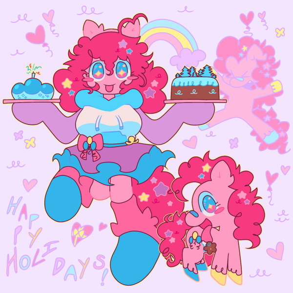 Size: 640x640 | Tagged: safe, artist:bloopiehp, derpibooru import, pinkie pie, anthro, earth pony, pony, :p, balloon, breasts, cake, clothes, female, food, hoodie, hooves, image, multicolored hooves, pastry, png, rainbow, self paradox, self ponidox, simple background, skirt, stars, tongue out