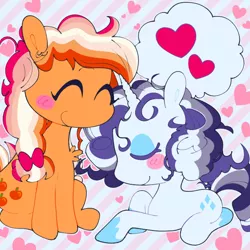 Size: 640x640 | Tagged: safe, artist:bloopiehp, derpibooru import, applejack, rarity, earth pony, pony, unicorn, asexual pride flag, blushing, chest fluff, duo, eyes closed, female, heart, image, lesbian, lying down, png, pride, pride flag, rarijack, shipping, simple background, sitting, striped background