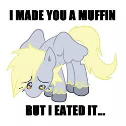 Size: 640x640 | Tagged: safe, artist:bloopiehp, derpibooru import, derpy hooves, pegasus, pony, eyelashes, female, image, impact font, png, redraw, simple background, solo, spread wings, unshorn fetlocks, white background, wings