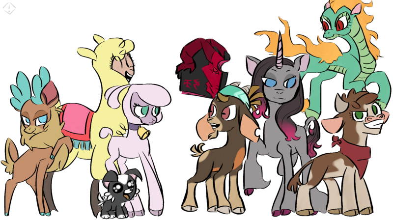 Size: 1920x1080 | Tagged: safe, artist:metaruscarlet, derpibooru import, arizona cow, fhtng th§ ¿nsp§kbl, oleander (tfh), paprika paca, pom lamb, tianhuo, velvet reindeer, alpaca, classical unicorn, cow, deer, dog, dragon, goat, hybrid, longma, pony, reindeer, sheep, unicorn, them's fightin' herds, arizona (tfh), bandana, bell, bell collar, book, chest fluff, cloven hooves, collar, community related, eyes closed, female, fightin' seven, fightin' six, grin, horns, image, lamb, leonine tail, mare, open mouth, paprika (tfh), png, pom (tfh), shanty (tfh), simple background, smiling, tianhuo (tfh), transparent background, unshorn fetlocks