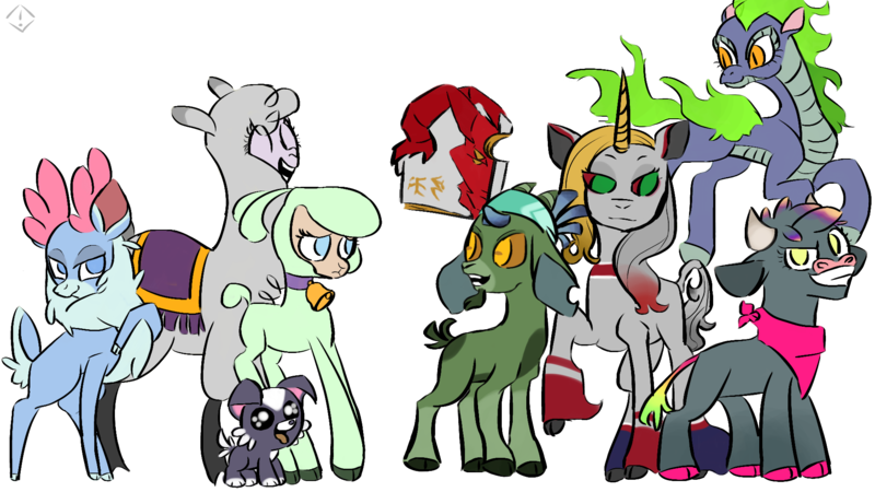 Size: 1920x1080 | Tagged: safe, alternate version, artist:metaruscarlet, derpibooru import, arizona cow, fhtng th§ ¿nsp§kbl, oleander (tfh), paprika paca, pom lamb, tianhuo, velvet reindeer, alpaca, classical unicorn, cow, deer, dog, dragon, goat, hybrid, longma, pony, reindeer, sheep, unicorn, them's fightin' herds, arizona (tfh), bandana, bell, bell collar, book, chest fluff, cloven hooves, collar, community related, derpibooru exclusive, eyes closed, female, fightin' seven, fightin' six, grin, horns, image, lamb, leonine tail, mare, open mouth, palette swap, paprika (tfh), png, pom (tfh), recolor, shanty (tfh), simple background, smiling, tianhuo (tfh), transparent background, unshorn fetlocks