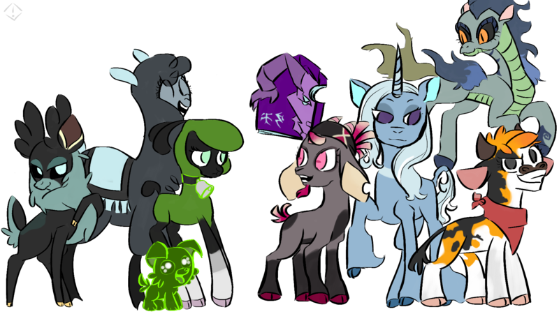 Size: 1920x1080 | Tagged: safe, alternate version, artist:metaruscarlet, derpibooru import, arizona cow, fhtng th§ ¿nsp§kbl, oleander (tfh), paprika paca, pom lamb, tianhuo, velvet reindeer, alpaca, classical unicorn, cow, deer, dog, dragon, goat, hybrid, longma, pony, reindeer, sheep, unicorn, them's fightin' herds, arizona (tfh), bandana, bell, bell collar, book, chest fluff, cloven hooves, collar, community related, derpibooru exclusive, eyes closed, female, fightin' seven, fightin' six, grin, horns, image, lamb, leonine tail, mare, open mouth, palette swap, paprika (tfh), png, pom (tfh), recolor, shanty (tfh), simple background, smiling, tianhuo (tfh), transparent background, unshorn fetlocks