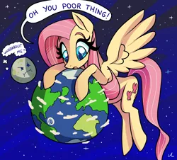Size: 5100x4614 | Tagged: safe, artist:docwario, derpibooru import, fluttershy, pegasus, pony, earth, female, image, mare, moon, png, pony bigger than a planet, solo, space, tangible heavenly object