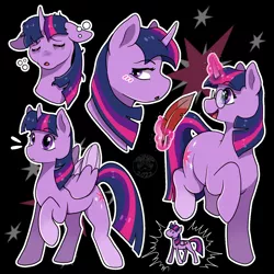 Size: 1500x1500 | Tagged: safe, artist:sursiq, derpibooru import, twilight sparkle, twilight sparkle (alicorn), alicorn, pony, unicorn, accessories, bags under eyes, blushing, bust, chibi, closed mouth, colored wings, cute, cutie mark background, eyebrows, eyebrows visible through hair, feather, female, full body, glasses, happy, image, magic, mare, multeity, multicolored hair, multicolored mane, multicolored tail, multicolored wings, open mouth, outline, png, portrait, purple eyes, quill, raised hoof, raised leg, shading, simple background, solo, surprised, tail, telekinesis, tired, twiabetes, unicorn twilight, white outline, wings
