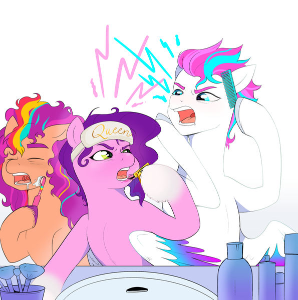 Size: 2337x2357 | Tagged: safe, artist:aztrial, derpibooru import, pipp petals, sunny starscout, zipp storm, earth pony, pegasus, argument, bed hair, brushing mane, comb, drool, female, funny background event, g5, image, lipstick, messy mane, png, royal sisters (g5), siblings, sink, sisters, sleep mask, sleepy, toothbrush, toothpaste, unshorn fetlocks, yelling