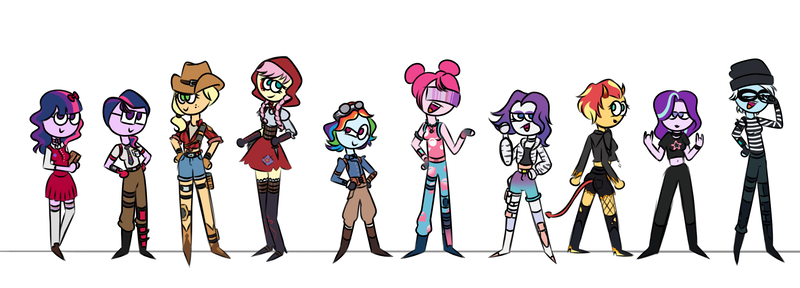 Size: 2500x900 | Tagged: safe, artist:fuckomcfuck, derpibooru import, airheart, applejack, fluttershy, pinkie pie, rainbow dash, rarity, sci-twi, starlight glimmer, sunset shimmer, trixie, twilight sparkle, twilight sparkle (alicorn), alicorn, human, equestria girls, alternate hairstyle, alternate universe, beanie, boots, bubble bomber, clothes, cosplay, costume, cowboy boots, cowboy hat, crossover, devil tail, dressup, fable, fortnite, goggles, hat, haze, humane five, humane seven, humane six, image, isabelle, malice, maven, pants, png, rapscallion, rustler, shirt, shoes, shorts, simple background, size difference, t-shirt, tail, twolight, visor, white background, wilde