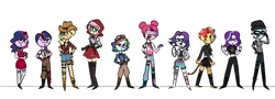 Size: 2500x900 | Tagged: safe, artist:fuckomcfuck, derpibooru import, airheart, applejack, fluttershy, pinkie pie, rainbow dash, rarity, sci-twi, starlight glimmer, sunset shimmer, trixie, twilight sparkle, twilight sparkle (alicorn), alicorn, human, equestria girls, alternate hairstyle, alternate universe, beanie, boots, bubble bomber, clothes, cosplay, costume, cowboy boots, cowboy hat, crossover, devil tail, dressup, fable, fortnite, goggles, hat, haze, humane five, humane seven, humane six, image, isabelle, malice, maven, pants, png, rapscallion, rustler, shirt, shoes, shorts, simple background, size difference, t-shirt, tail, twolight, visor, white background, wilde