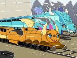 Size: 1280x960 | Tagged: safe, artist:heart-of-a-dragoness, derpibooru import, princess ember, smolder, bio in description, coach, commission, dragon lord ember, image, inanimate tf, jpeg, steam, steam engine, tracks, train, trainified, transformation, vehicle