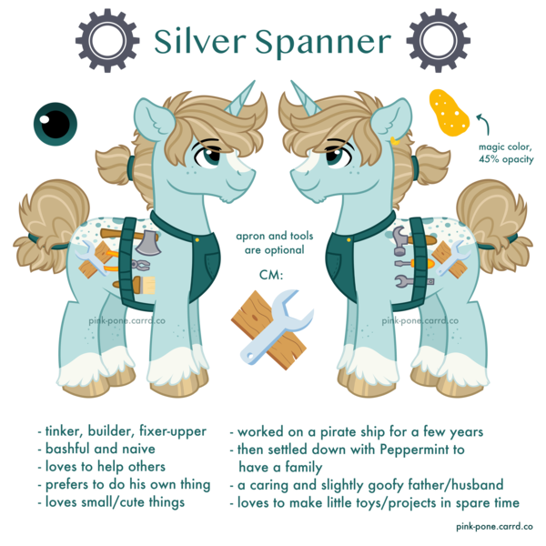 Size: 4000x4000 | Tagged: safe, artist:pink-pone, derpibooru import, oc, oc:silver spanner, pony, unicorn, absurd resolution, apron, clothes, image, male, png, reference sheet, simple background, solo, stallion, transparent background