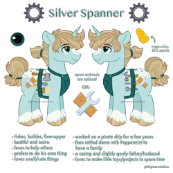 Size: 4000x4000 | Tagged: safe, artist:pink-pone, derpibooru import, oc, oc:silver spanner, pony, unicorn, absurd resolution, apron, clothes, image, male, png, reference sheet, simple background, solo, stallion, transparent background