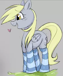 Size: 1061x1271 | Tagged: safe, artist:mushy, derpibooru import, derpy hooves, pegasus, pony, aggie.io, clothes, food, heart, image, jpeg, looking at each other, looking at someone, muffin, photo, smiling, socks, solo, thigh highs