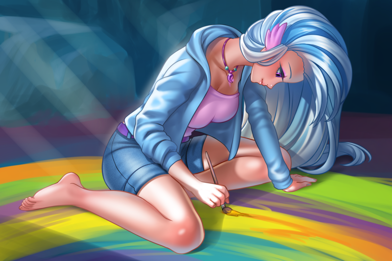 Size: 4700x3133 | Tagged: safe, alternate version, artist:racoonsan, derpibooru import, silverstream, human, barefoot, belt, clothes, digital art, feet, female, hoodie, humanized, image, jewelry, long hair, looking at something, necklace, paint, paintbrush, painting, png, profile, reference used, shorts, sitting, solo, wing ears, wingless, wings