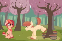 Size: 1975x1298 | Tagged: safe, artist:dyonys, derpibooru import, oc, oc:cherribella, oc:rowdy bell, unofficial characters only, earth pony, pony, bandaid, bandana, bucket, bucking, cherry, cherry blossoms, cherry tree, cutie mark, female, flower, flower blossom, food, image, male, mare, mother and child, mother and son, neckerchief, one eye closed, orchard, png, sitting, stallion, tree, unshorn fetlocks
