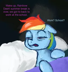 Size: 1905x2024 | Tagged: safe, artist:phutashi, derpibooru import, rainbow dash, pegasus, pony, bed, dialogue, female, image, implied twilight sparkle, limmy's show, mare, offscreen character, pillow, png, sleepy, solo, squint