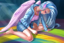 Size: 4700x3133 | Tagged: safe, alternate version, artist:racoonsan, derpibooru import, silverstream, human, uprooted, barefoot, belt, breasts, busty silverstream, clothes, cute, diastreamies, feet, female, humanized, image, jacket, jewelry, necklace, paint, paintbrush, painting, png, profile, shorts, solo, wing ears, winged humanization, wings