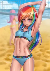 Size: 3252x4600 | Tagged: suggestive, artist:racoonsan, derpibooru import, fluttershy, rainbow dash, human, abs, armpits, ass, barefoot, beach, belly button, bikini, breasts, butt, clothes, delicious flat chest, feet, fit, flutterbutt, grin, humanized, image, looking at you, ocean, png, rainbow flat, sand, small breasts, smiling, solo focus, stupid sexy rainbow dash, swimsuit, volleyball net, water