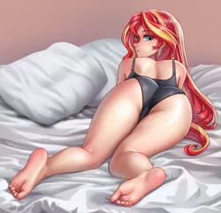 Size: 4500x4343 | Tagged: suggestive, artist:racoonsan, derpibooru import, sunset shimmer, human, ass, barefoot, bed, black underwear, blushing, bra, bunset shimmer, butt, clothes, eye clipping through hair, eyebrows, eyebrows visible through hair, feet, female, humanized, image, legs, looking at you, looking back, looking back at you, lying down, panties, pillow, png, prone, signature, soles, solo, solo female, underwear