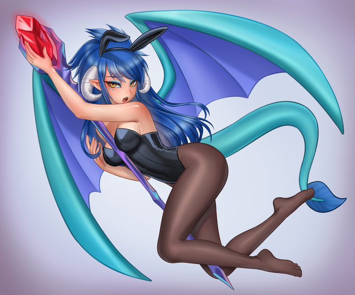 Size: 4811x4000 | Tagged: suggestive, artist:racoonsan, derpibooru import, princess ember, human, bare shoulders, bedroom eyes, bloodstone scepter, blushing, breasts, bunny ears, bunny suit, clothes, female, horn, horned humanization, humanized, image, leotard, playboy bunny, png, sleeveless, socks, solo, solo female, staff, stocking feet, stockings, strapless, stupid sexy princess ember, tail, tailed humanization, thigh highs, winged humanization, wings