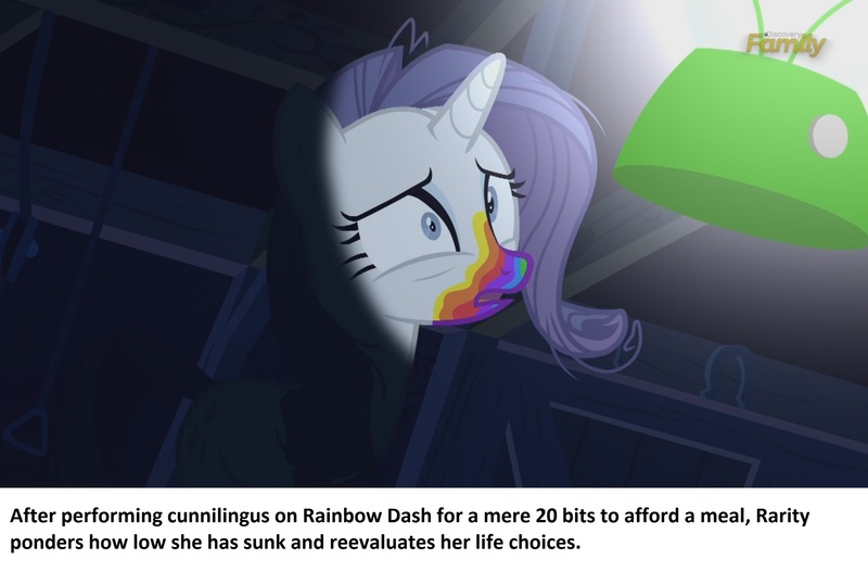 Size: 2548x1680 | Tagged: semi-grimdark, suggestive, derpibooru import, edit, edited screencap, screencap, rarity, unicorn, 28 pranks later, cookie zombie, derpibooru exclusive, discovery family, discovery family logo, female, image, implied cunnilingus, implied oral, implied prostitution, implied rainbow dash, implied sex, jpeg, logo, ponestrip, rainbow muzzle, solo, text, vulgar