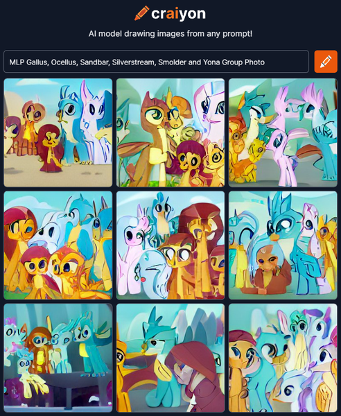 Size: 760x926 | Tagged: safe, craiyon, dall·e mini, derpibooru import, machine learning generated, gallus, ocellus, sandbar, silverstream, smolder, yona, changedling, changeling, classical hippogriff, dragon, earth pony, gryphon, hippogriff, pony, yak, image, png, student six