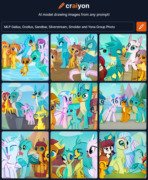 Size: 760x926 | Tagged: safe, craiyon, dall·e mini, derpibooru import, machine learning generated, gallus, ocellus, sandbar, silverstream, smolder, yona, changedling, changeling, classical hippogriff, dragon, earth pony, gryphon, hippogriff, yak, image, png, student six