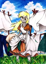 Size: 2296x3199 | Tagged: safe, artist:liaaqila, derpibooru import, derpy hooves, human, basket, clothes, clothes line, grass, image, jpeg, solo, traditional art, wind, windswept hair