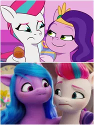 Size: 1500x1999 | Tagged: safe, derpibooru import, edit, edited screencap, screencap, izzy moonbow, pipp petals, zipp storm, pegasus, pony, my little pony: a new generation, my little pony: tell your tale, spoiler:g5, spoiler:my little pony: tell your tale, spoiler:tyts01e22, comparison, duo, duo female, female, g5, high res, image, jpeg, mare, smiling, smirk, youtube link, zipp's yes day