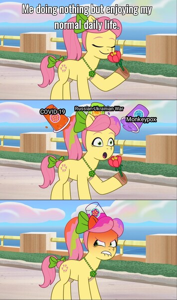 Size: 1500x2537 | Tagged: safe, derpibooru import, edit, edited screencap, screencap, posey (g5), my little pony: tell your tale, spoiler:g5, spoiler:my little pony: tell your tale, spoiler:tyts01e22, 2022, comic, coronavirus, covid-19, current events, g5, image, implied russia, implied ukraine, jpeg, metaphor, monkeypox, screencap comic, smoothie, solo, zipp's yes day