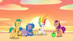Size: 3410x1920 | Tagged: safe, derpibooru import, screencap, hitch trailblazer, izzy moonbow, sunny starscout, zipp storm, earth pony, pegasus, pony, unicorn, my little pony: tell your tale, spoiler:g5, spoiler:my little pony: tell your tale, spoiler:tyts01e22, :p, beach, female, g5, grin, high res, image, jpeg, male, mare, smiling, stallion, sweat, tongue out, youtube link, zipp's yes day
