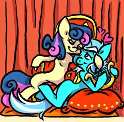 Size: 1024x1010 | Tagged: safe, artist:ilcerbiastrello, derpibooru import, bon bon, lyra heartstrings, sweetie drops, earth pony, pony, unicorn, female, image, jpeg, lesbian, lyrabon, lyre, mare, musical instrument, shipping