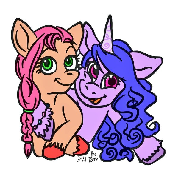 Size: 1024x1011 | Tagged: safe, artist:ilcerbiastrello, derpibooru import, izzy moonbow, sunny starscout, earth pony, pony, unicorn, duo, duo female, female, g5, image, jpeg, mare