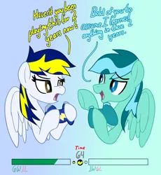 Size: 1740x1895 | Tagged: safe, artist:notadeliciouspotato, derpibooru import, oc, oc:huracata, oc:wavewind, unofficial characters only, pegasus, pony, bust, controller, dialogue, duo, female, gradient background, image, male, mare, open mouth, png, spread wings, stallion, text, wings