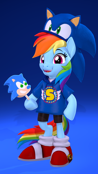 Size: 2160x3840 | Tagged: safe, artist:owlpirate, derpibooru import, rainbow dash, pegasus, pony, semi-anthro, 3d, 4k, clothes, cute, dashabetes, female, food, gradient background, hat, high res, hoof hold, ice cream, image, looking at you, mare, open mouth, open smile, png, shoes, smiling, smiling at you, solo, sonic the hedgehog, sonic the hedgehog (series), source filmmaker