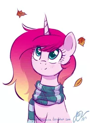 Size: 1326x1808 | Tagged: safe, artist:joellethenose, derpibooru import, oc, oc:cerise, unofficial characters only, pony, unicorn, autumn, bust, clothes, female, image, leaves, mare, png, scarf, simple background, solo, white background