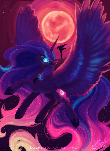 Size: 1440x1980 | Tagged: safe, artist:joellethenose, derpibooru import, princess luna, alicorn, pony, blood moon, color porn, crown, eyestrain warning, female, full moon, glow, glowing eyes, image, jewelry, mare, moon, png, regalia, signature, solo, spread wings, wings