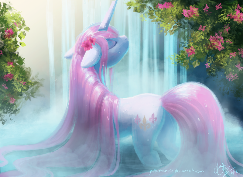 Size: 1980x1440 | Tagged: safe, artist:joellethenose, derpibooru import, fleur-de-lis, pony, unicorn, bathing, beautiful, beauty, cute, elegant, eyes closed, female, fleurabetes, flower, flower in hair, image, impossibly long hair, long mane, long tail, mare, outdoors, png, pond, precious, relaxing, scenery, solo, tail, tree, water, waterfall