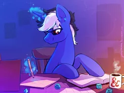 Size: 2000x1500 | Tagged: safe, artist:joellethenose, derpibooru import, oc, unofficial characters only, pony, unicorn, book, chair, dice, glasses, image, indoors, magic, male, mug, pencil, png, signature, sitting, solo, stallion, telekinesis