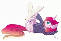 Size: 3895x2595 | Tagged: safe, artist:joellethenose, derpibooru import, oc, oc:cerise, unofficial characters only, pony, unicorn, clothes, female, high res, hoodie, image, jpeg, lying down, mare, on back, simple background, sketch, socks, solo, white background