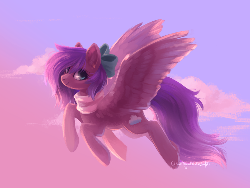 Size: 1600x1200 | Tagged: safe, artist:joellethenose, derpibooru import, oc, oc:skydashie, unofficial characters only, pegasus, pony, bow, clothes, cloud, female, flying, hair bow, image, looking at you, mare, png, scarf, signature, sky, smiling, solo, spread wings, wings