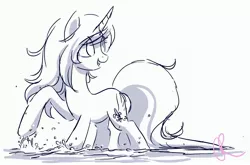 Size: 3128x2060 | Tagged: safe, artist:joellethenose, derpibooru import, oc, oc:cerise, unofficial characters only, pony, unicorn, female, image, jpeg, mare, monochrome, open mouth, open smile, sketch, smiling, solo, splashing, water