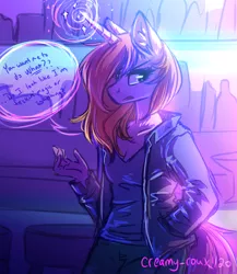 Size: 2000x2300 | Tagged: safe, artist:joellethenose, derpibooru import, oc, oc:cerise, unofficial characters only, anthro, unicorn, bar, clothes, female, high res, image, jacket, jpeg, magic, solo, speech bubble, unamused