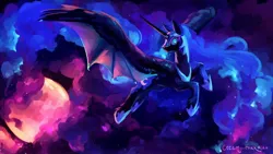 Size: 2560x1440 | Tagged: safe, artist:joellethenose, derpibooru import, nightmare moon, alicorn, pony, bat wings, ethereal mane, full moon, image, jpeg, moon, solo, spread wings, wings