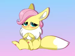 Size: 4409x3314 | Tagged: safe, artist:kittyrosie, derpibooru import, fluttershy, eevee, pony, blushing, cute, gradient background, image, looking at you, png, pokefied, pokémon, shy, shyabetes, simple background