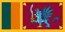 Size: 1600x802 | Tagged: safe, artist:horsesplease, derpibooru import, edit, gallus, gryphon, flag, image, jpeg, khopesh, male, simple background, smiling, solo, spread wings, sri lanka, sword, weapon, white background, wings