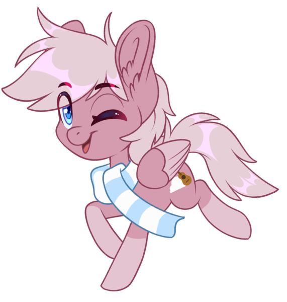 Size: 1836x1928 | Tagged: safe, artist:silkensaddle, derpibooru import, oc, oc:pastel dawn, unofficial characters only, pegasus, pony, chibi, clothes, cute, cutie mark, image, male, one eye closed, png, scarf, simple background, solo, stallion, transparent background, wink