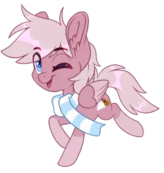 Size: 1836x1928 | Tagged: safe, artist:silkensaddle, derpibooru import, oc, oc:pastel dawn, unofficial characters only, pegasus, pony, chibi, clothes, cute, cutie mark, image, male, one eye closed, png, scarf, simple background, solo, stallion, transparent background, wink